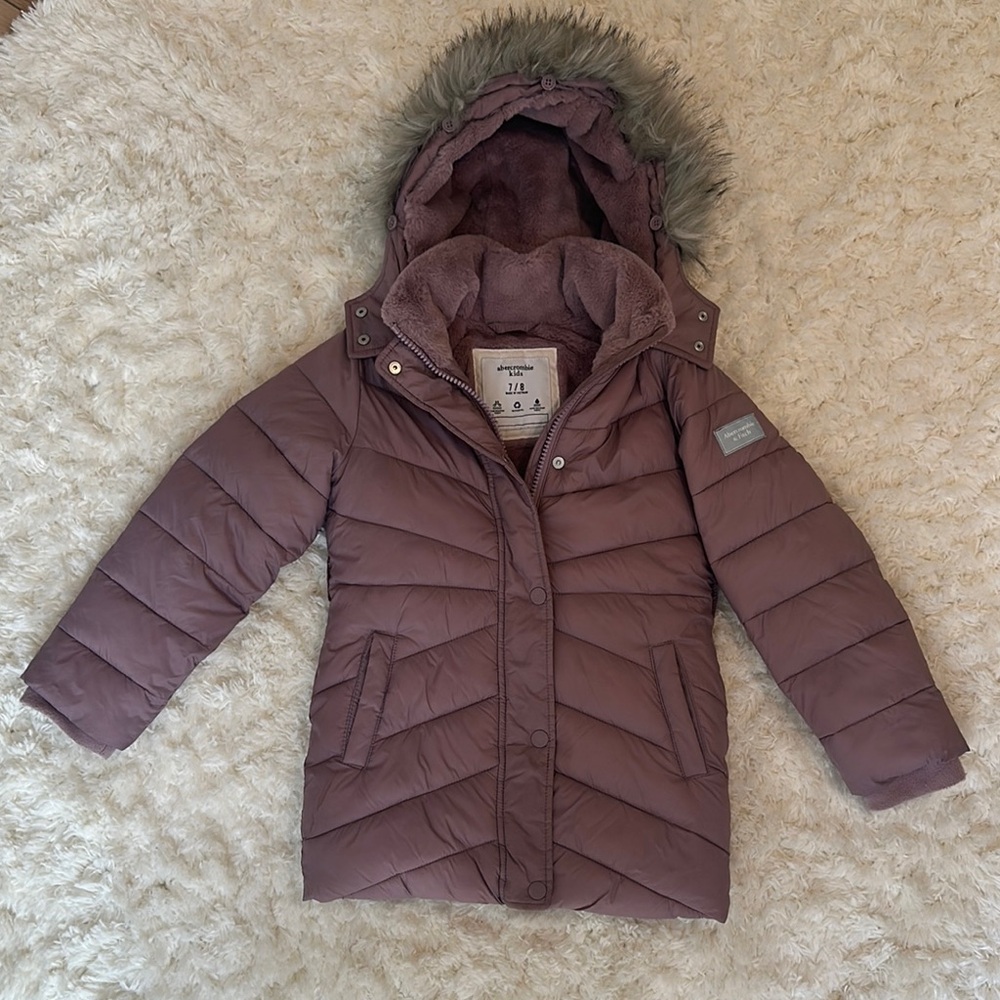 Abercrombie Kids Mauve Puffer Jacket with Faux Fur Hood